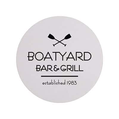 Pulpboard natural coaster with a custom logo.