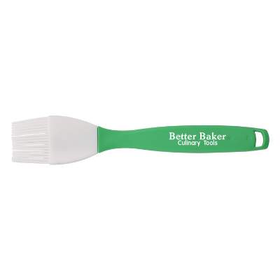 Green silicone basting brush with promotional logo.