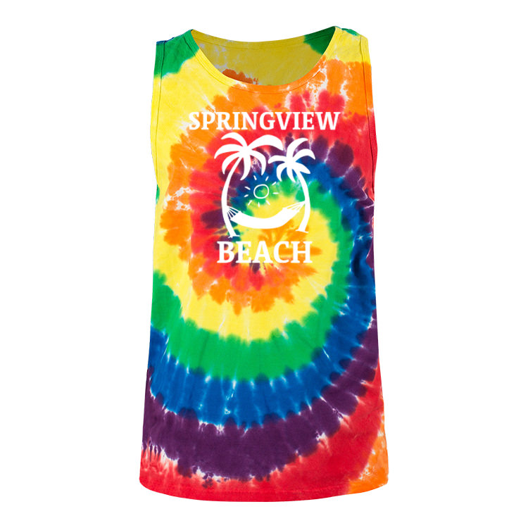 Customized rainbow tie-dye tank top with logo.
