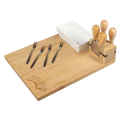 Charcuterie board with accessories with laser engraved imprint.