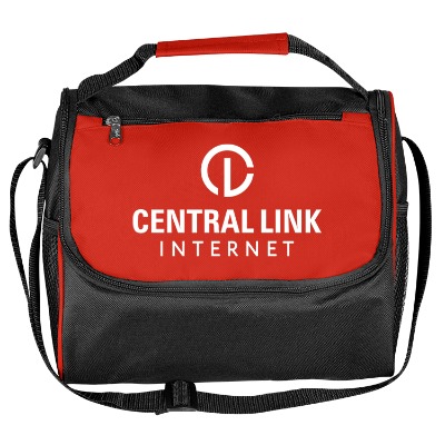 Orange polyester with PEVA lining triangle lunch bag with custom imprint.
