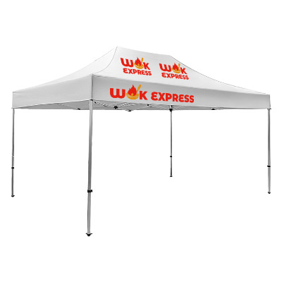 White 15-ft. tent with custom imprint in 3 locations.