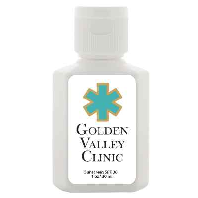 Plastic white sunscreen with a branded imprint.