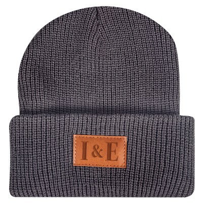 Custom debossed patch grey beanie.