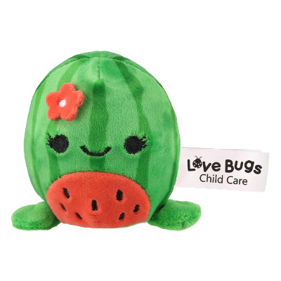 Green plush stress buster with a personalized imprint.