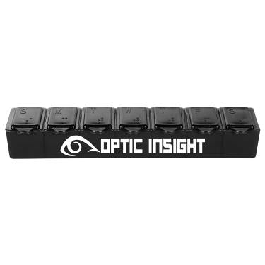 Black plastic pill box with a personalized imprint.