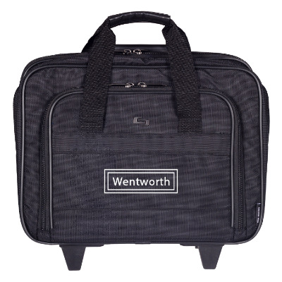Black luggage with custom logo.