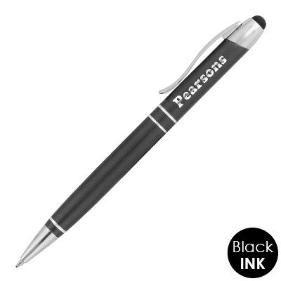 Aluminum pen with chrome accents and custom engraved logo.