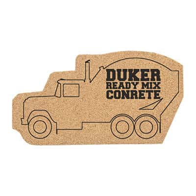 Cork cement truck coaster with personalized imprint.