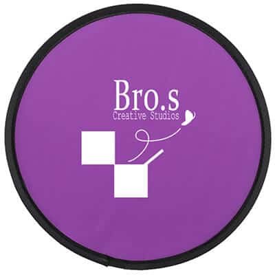 Polyester purple foldable 10 inch flying disc and matching pouch with logo.