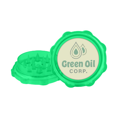 Green plastic grinder with custom full color logo.