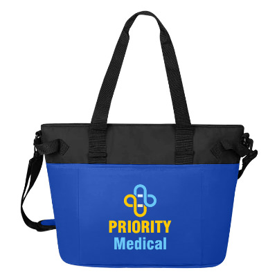 Blue tarpaulin cooler with a personalized logo.