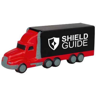 Foam white semi truck stress reliever personalized with a custom logo.