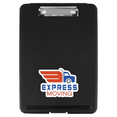 Black plastic clipboard with a personalized logo.