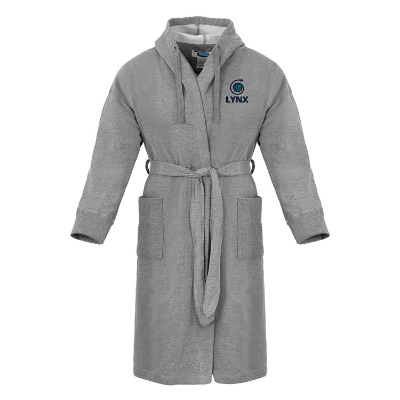 Gray cotton polyester robe with custom embroidered logo.