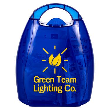Blue plastic first aid kit with a personalized imprint.
