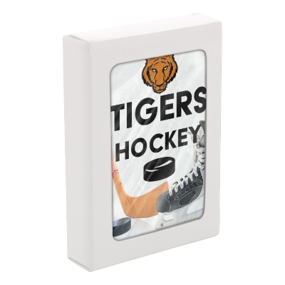 Hockey paper playing cards with a custom logo.