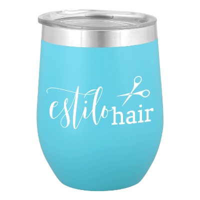 Stainless teal wine tumbler with custom logo.