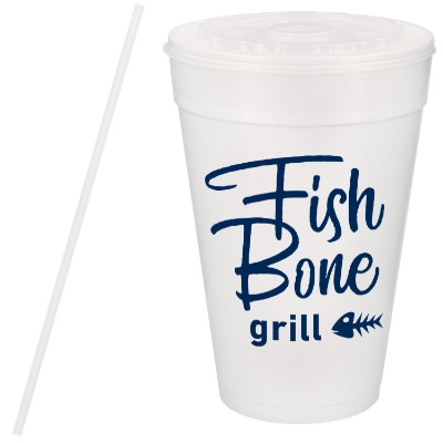 Styrofoam white foam cup with lid and straw and custom imprint in 32 ounces.