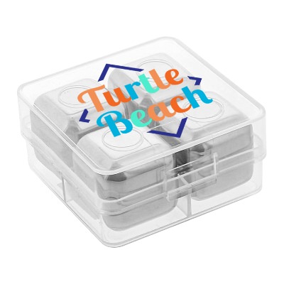 Stainless ice cube with custom logo.