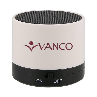 Plastic branded portable white wireless speaker.