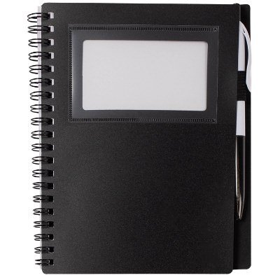 Spiral bound black notebook with window.