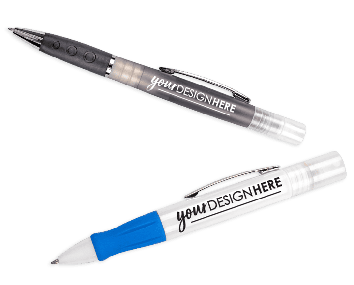 Gray novelty pens with white imprint and clear custom novelty pens with blue imprint