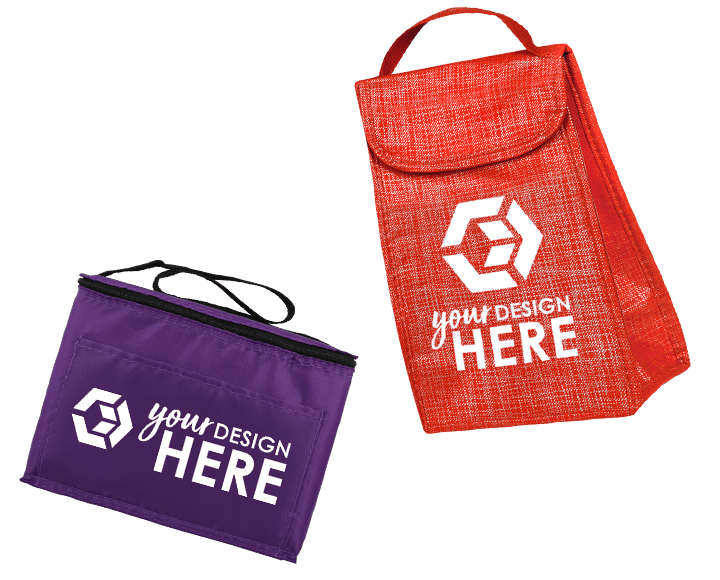 Purple custom lunch bags with white imprint and red logo lunch bags with black imprint