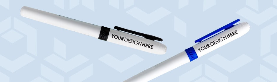 White branded markers with  black imprint