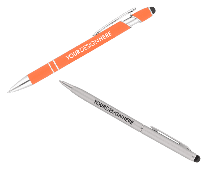 Silver promotional metal pens with black imprint and blue personalized metal pens with black imprint
