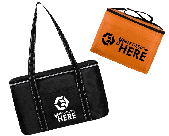 Light blue promotional coolers with dark blue imprint and purple branded coolers with white imprint