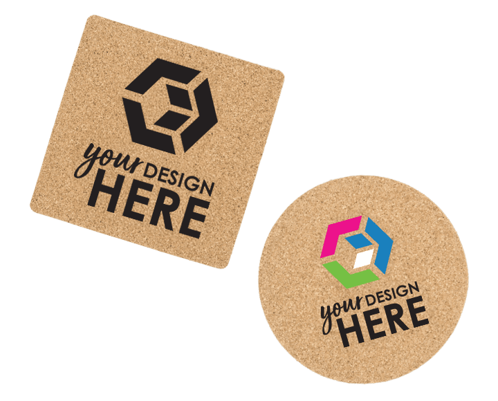 Circle custom cork coasters with purple imprint and square personalized cork coasters with black imprint 