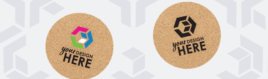 Circle custom cork coasters with black imprint and square cork coaster with black imprint