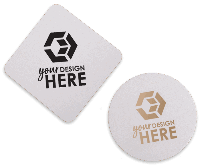 White square pulpboard coasters with blue imprint and circle paper coasters with maroon imprint