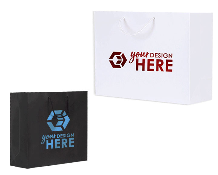 Black custom euro tote bags with green foil stamp imprint and white euro tote bags with foil stamp imprint