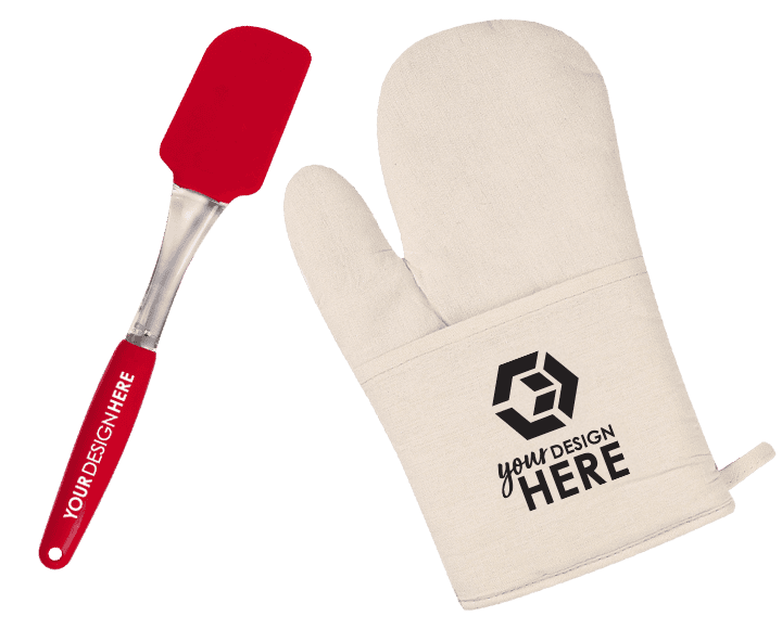 Promotional kitchen products orange potholder with white imprint and khaki oven mitt with black imprint