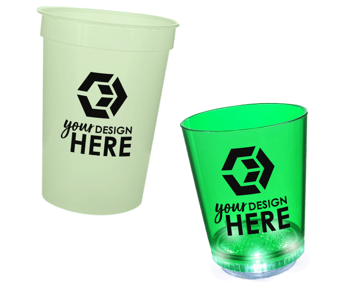 glow in the dark products glow in the dark cup with black imprint and green light up shot glass with white imprint
