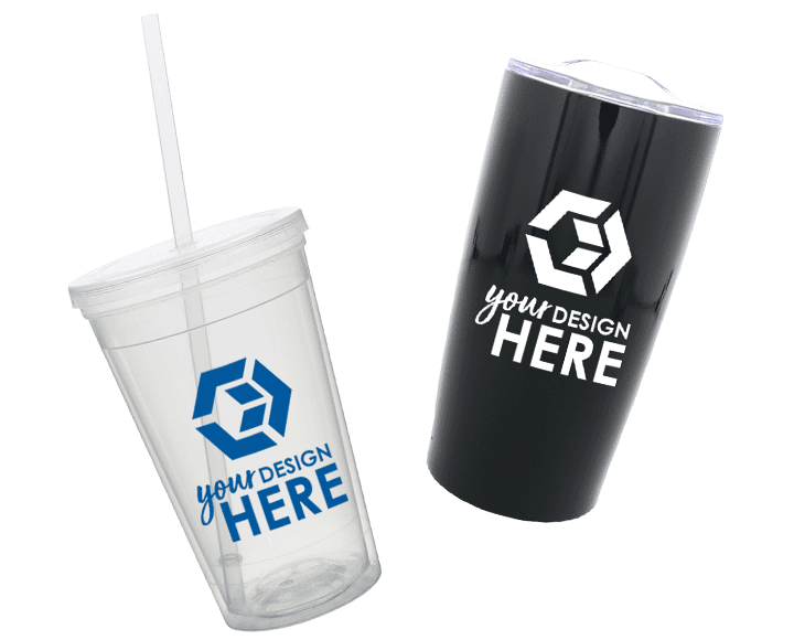 Clear plastic tumbler with blue imprint and blue stainless steel tumbler with white imprint