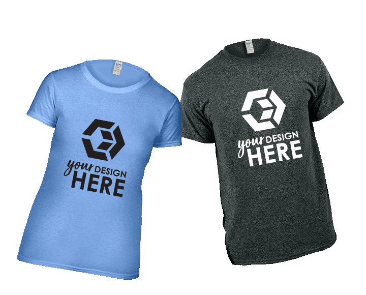 Blue shirt with black imprint and gray shirt with white imprint
