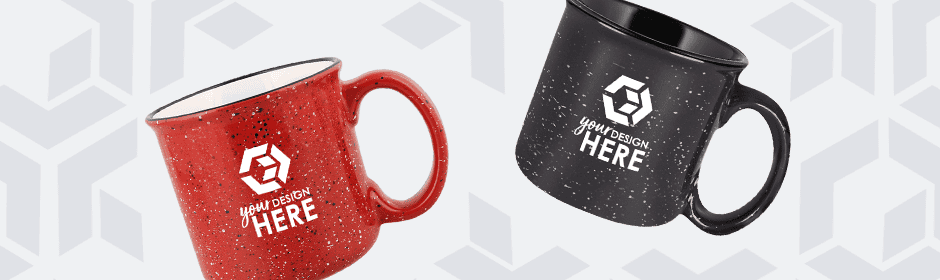 red ceramic mug with white imprint