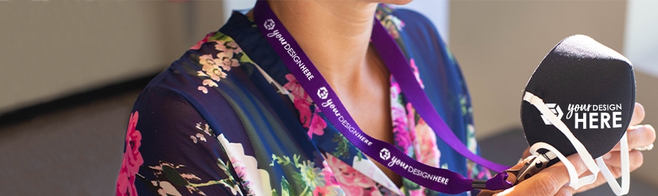 Purple face mask lanyard with white imprint and black face mask with white imprint