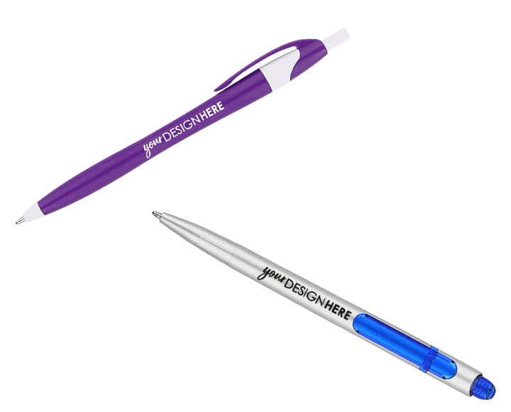 Purple pen with white imprint and silver and blue pen with black imprint