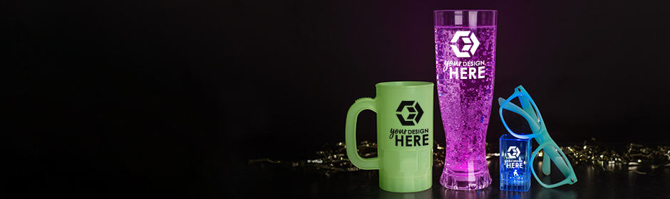 Several light up promotional items with white and black imprints