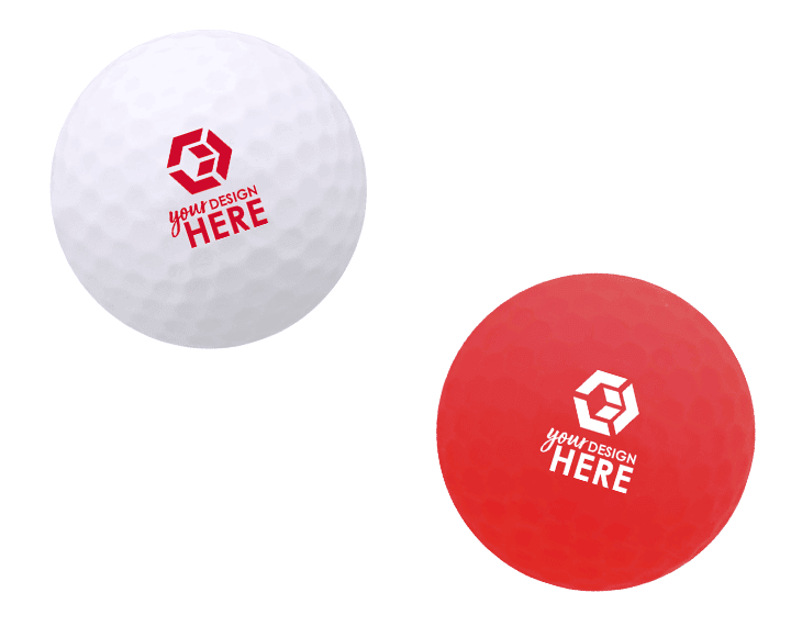 white golf ball with red imprint and red golf ball with white imprint