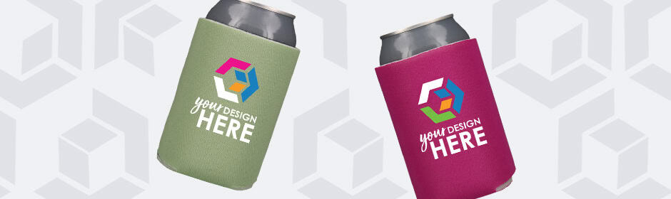 Dark blue can cooler with full-color imprint and white slim can cooler with full-color imprint.