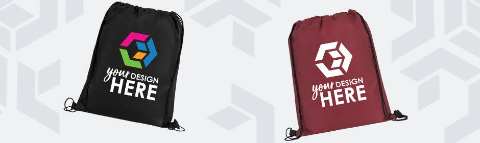 Brown drawstring bag with black imprint