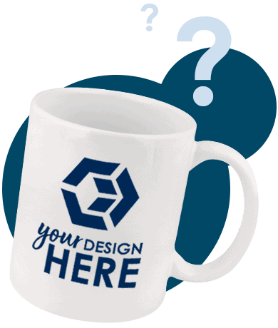 white ceramic mug with blue imprint