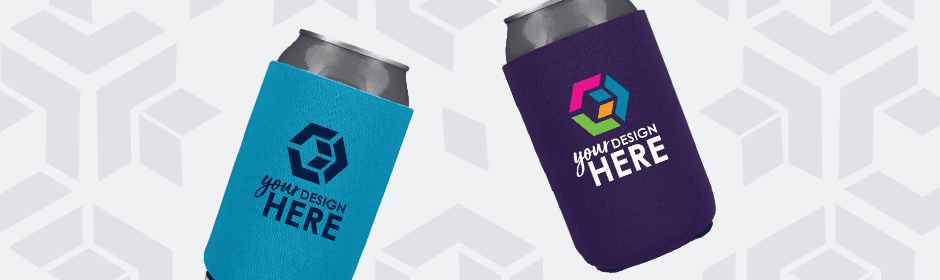 Blue standard neoprene can cooler with white imprint