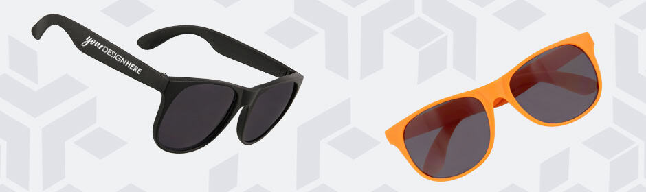 Blue custom sunglasses and orange personalized sunglasses with white imprint