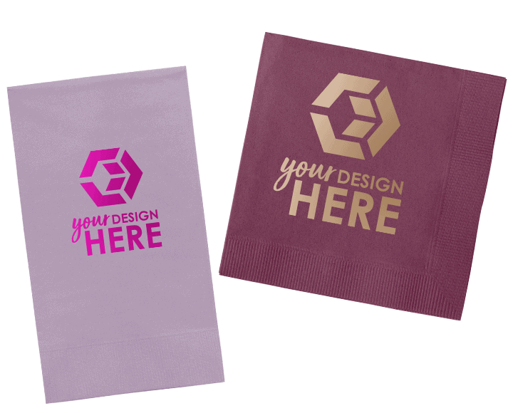 Purple napkin with a foil stamped pink imprint and a burgundy napkin with a foil stamp gold imprint